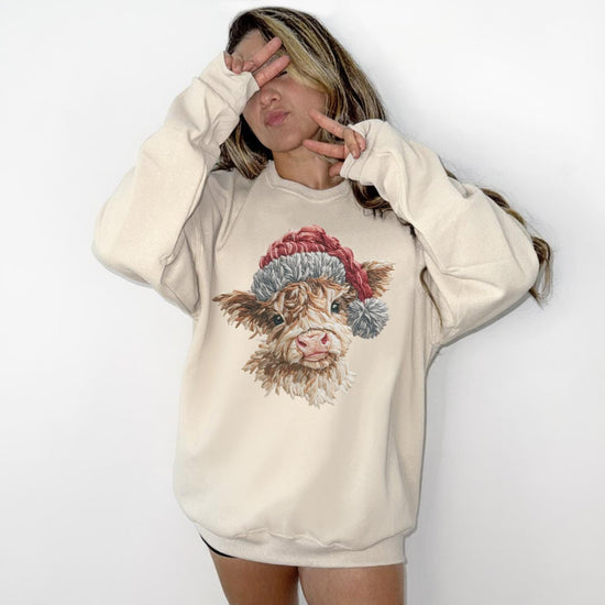 Faux Yarn Highland Cow Sweatshirt or T-Shirt | Cute Highland Cow Shirt | DTG Printed Farmhouse Tee | Cozy Western Cow Sweater
