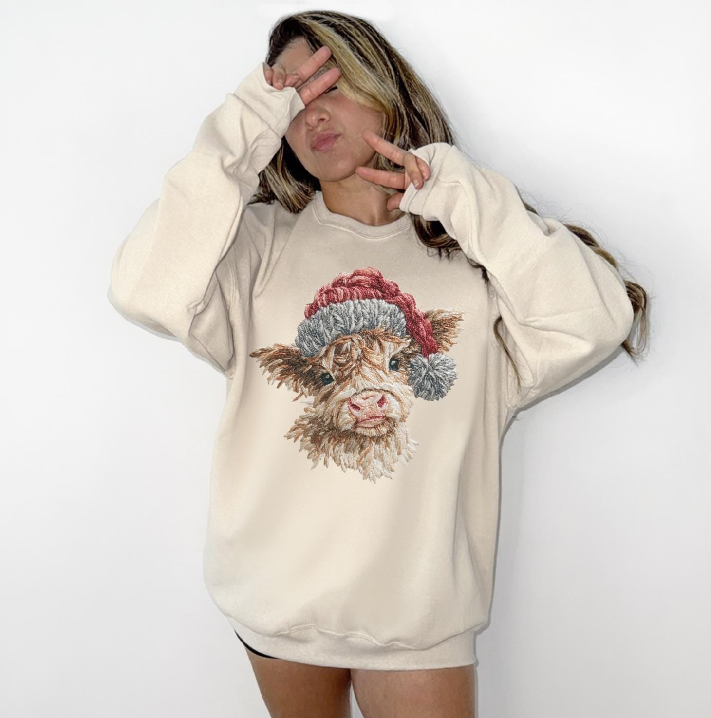 Faux Yarn Highland Cow Sweatshirt or T-Shirt | Cute Highland Cow Shirt | DTG Printed Farmhouse Tee | Cozy Western Cow Sweater