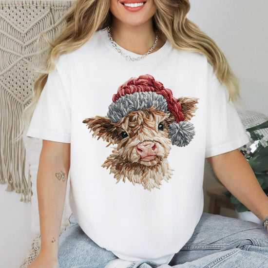 Faux Yarn Highland Cow Sweatshirt or T-Shirt | Cute Highland Cow Shirt | DTG Printed Farmhouse Tee | Cozy Western Cow Sweater