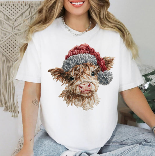 Faux Yarn Highland Cow Sweatshirt or T-Shirt | Cute Highland Cow Shirt | DTG Printed Farmhouse Tee | Cozy Western Cow Sweater