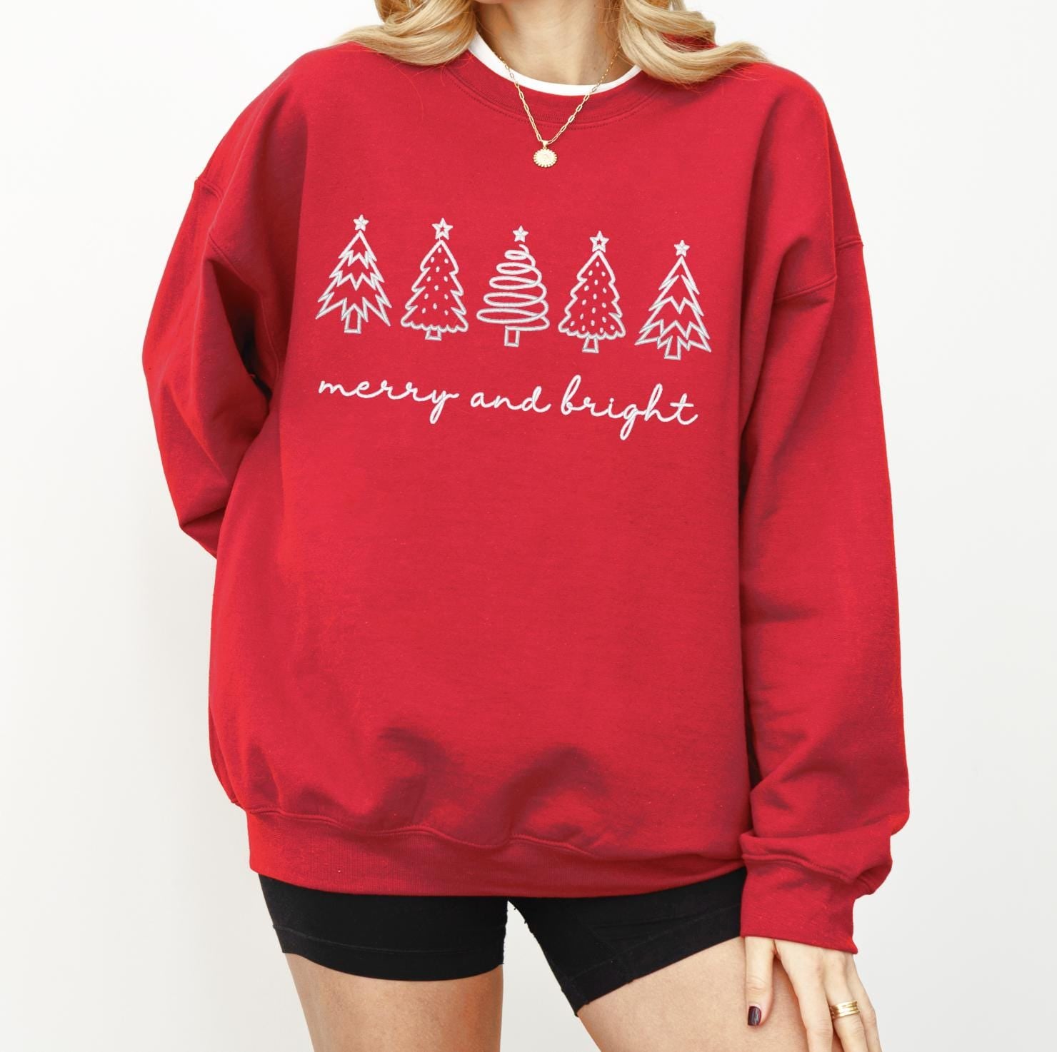 Embroidered Merry & Bright | Trendy Christmas Pullover Cozy Sweatshirt | Cute Christmas Outfit