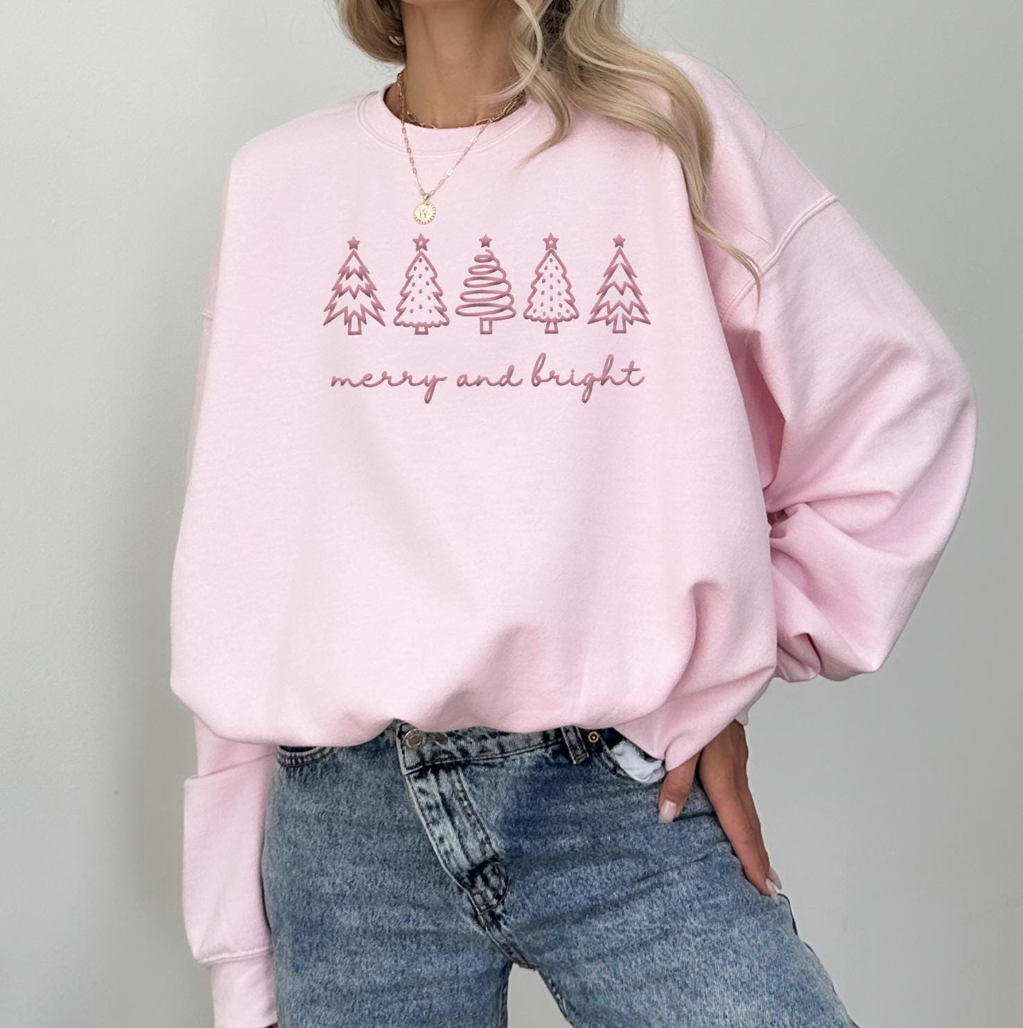 Embroidered Merry & Bright | Trendy Christmas Pullover Cozy Sweatshirt | Cute Christmas Outfit
