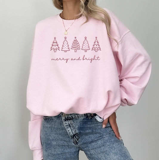 Embroidered Merry & Bright | Trendy Christmas Pullover Cozy Sweatshirt | Cute Christmas Outfit