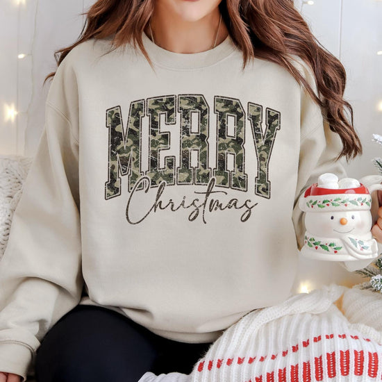Merry Christmas Camo DTG Printed Christmas Sweatshirt or T-Shirt | Cute Holiday Graphic Tee | Camo Christmas Shirt