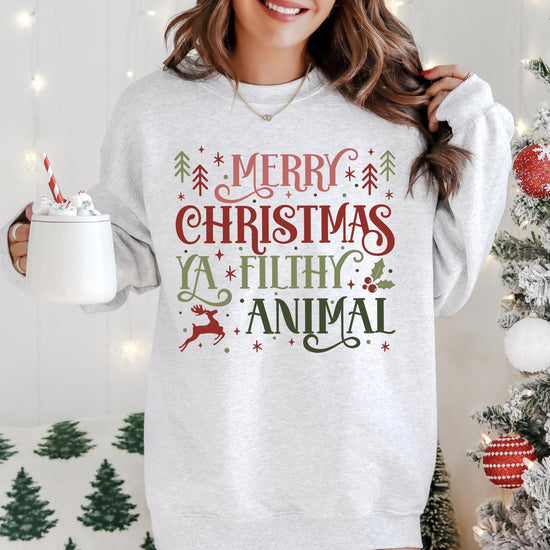 Merry Christmas Ya Filthy Animal DTG Printed Christmas Sweatshirt or T-Shirt | Cute Holiday Graphic Tee | Pink Christmas Shirt