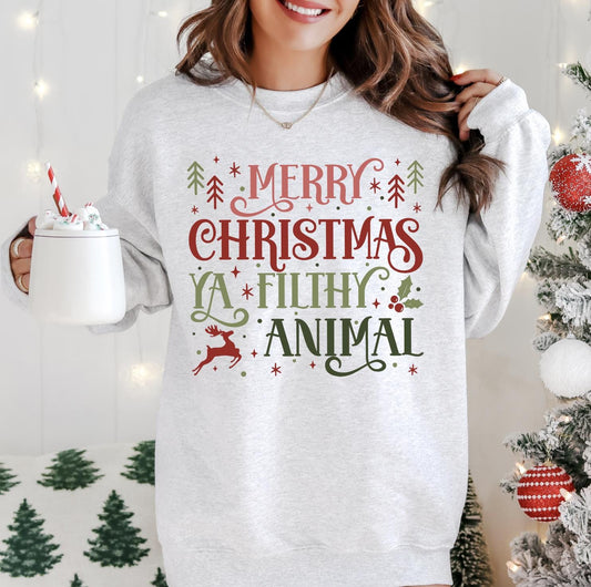 Merry Christmas Ya Filthy Animal DTG Printed Christmas Sweatshirt or T-Shirt | Cute Holiday Graphic Tee | Pink Christmas Shirt