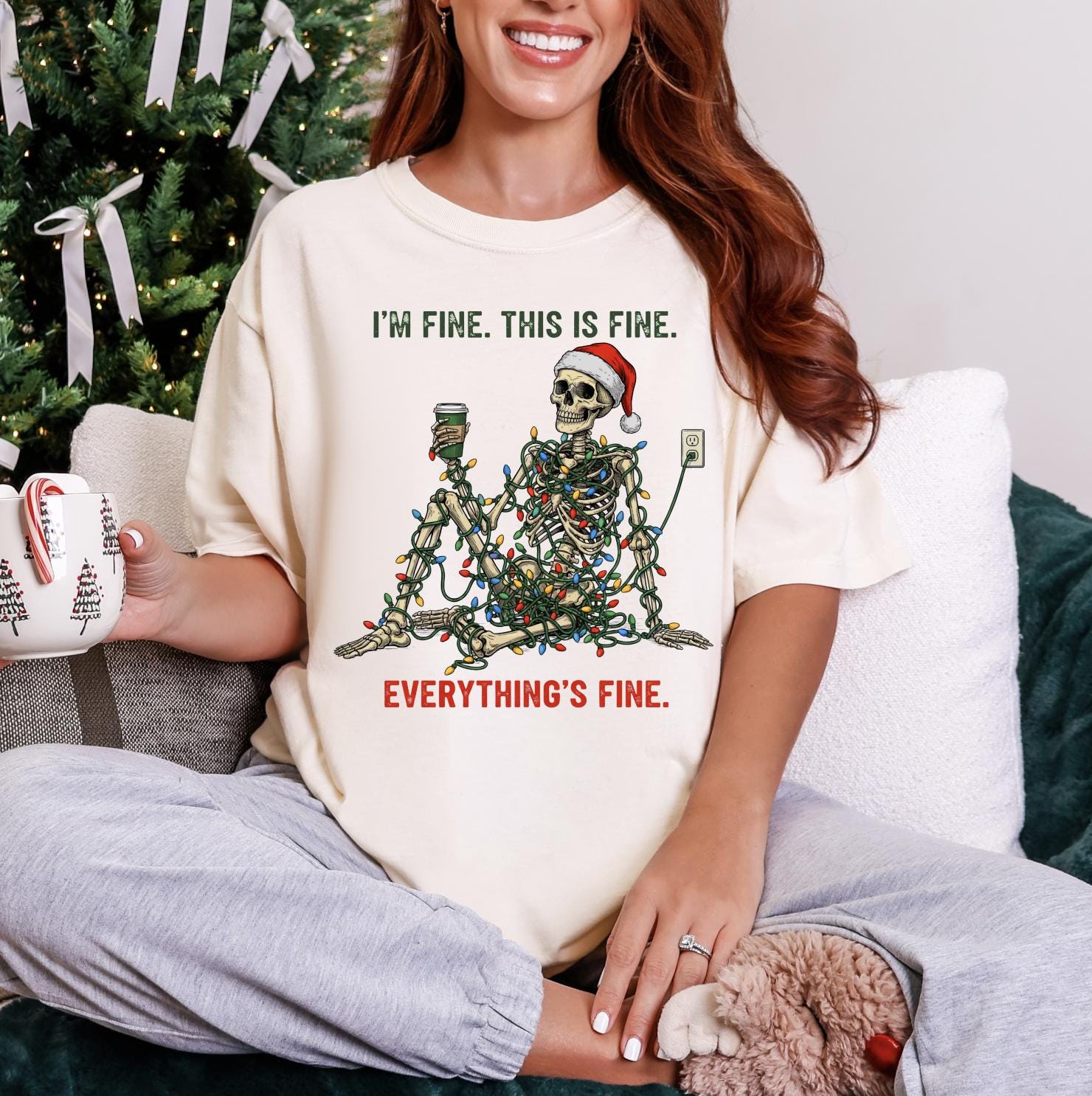 Everything is Fine Christmas DTG Printed Christmas Sweatshirt or T-Shirt | Cute Holiday Graphic Tee | Pink Christmas Shirt