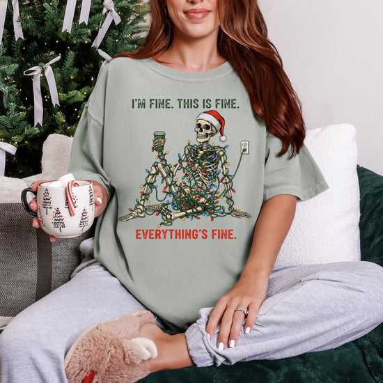 Everything is Fine Christmas DTG Printed Christmas Sweatshirt or T-Shirt | Cute Holiday Graphic Tee | Pink Christmas Shirt
