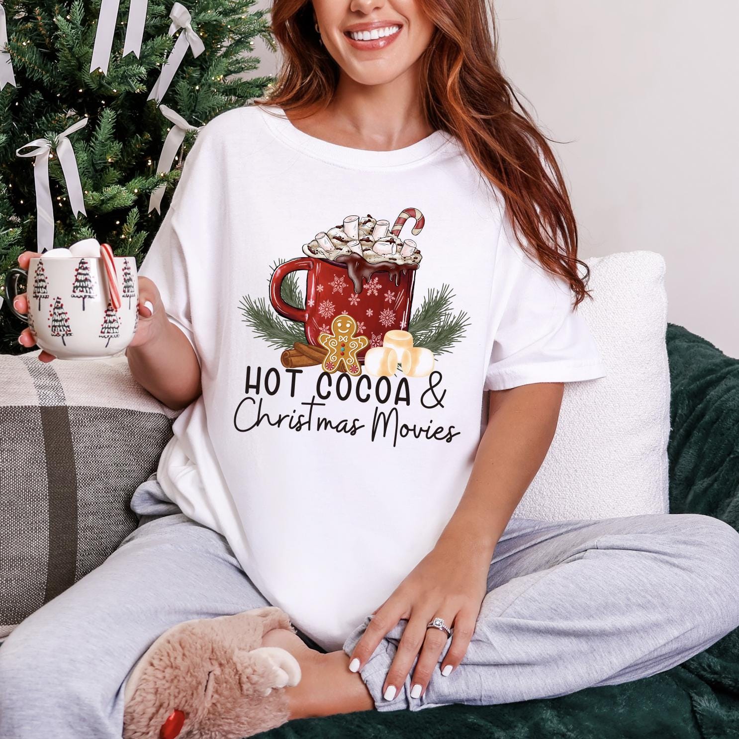 Christmas Movies DTG Printed Christmas Sweatshirt or T-Shirt | Cute Holiday Graphic Tee | Pink Christmas Shirt