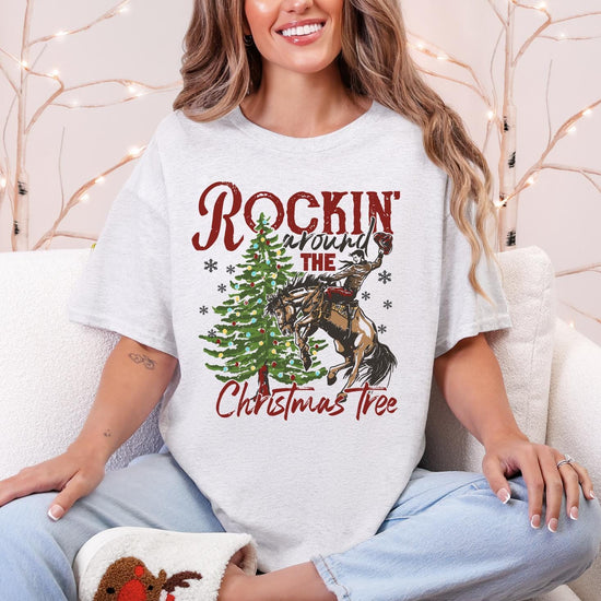 Rocking Around the Christmas Tree Sweatshirt, Retro Holiday Santa Sweatshirt, Merry Christmas Sweater, Christmas Santa Bow