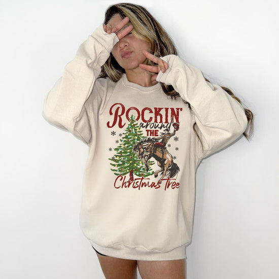 Rocking Around the Christmas Tree Sweatshirt, Retro Holiday Santa Sweatshirt, Merry Christmas Sweater, Christmas Santa Bow