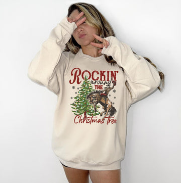 Rocking Around the Christmas Tree Sweatshirt, Retro Holiday Santa Sweatshirt, Merry Christmas Sweater, Christmas Santa Bow