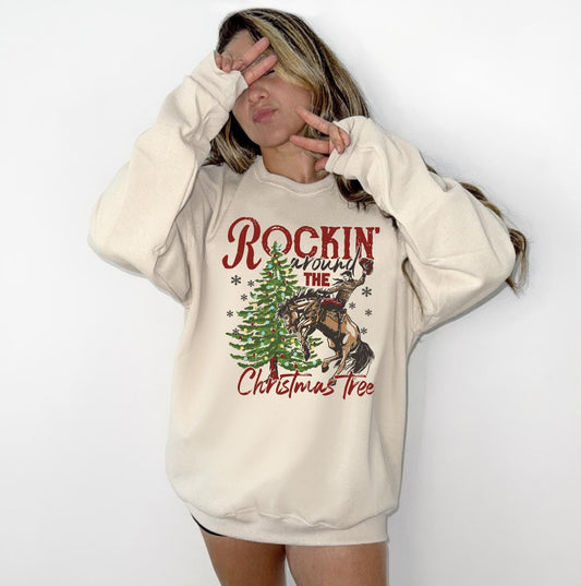 Rocking Around the Christmas Tree Sweatshirt, Retro Holiday Santa Sweatshirt, Merry Christmas Sweater, Christmas Santa Bow