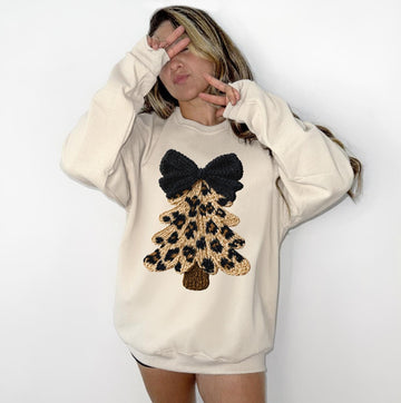 Leopard Merry Christmas Faux Yarn Sweatshirt or T-Shirt | Trendy Christmas Shirt | DTG Printed Holiday Sweater | Cute Leopard Christmas Tee