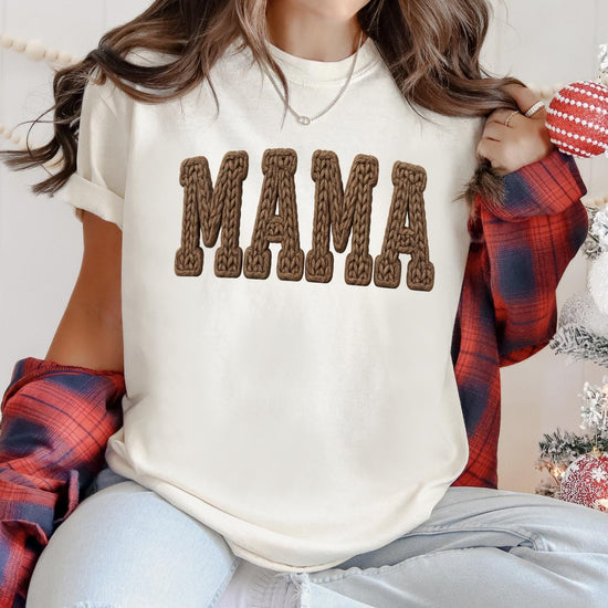 Mama or Custom Faux Yarn Sweatshirt or T-Shirt | Cozy Mom Graphic Tee | DTG Printed Mama Shirt | Cute Mama Sweater | Trendy Mom Clothing