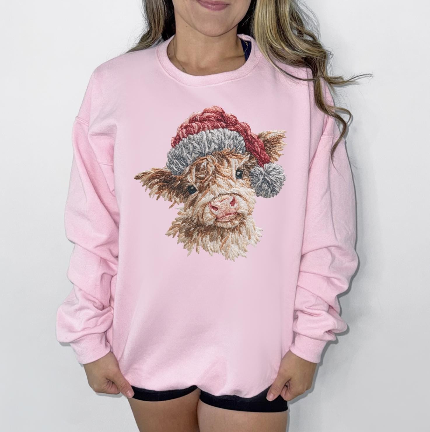 Faux Yarn Highland Cow Sweatshirt or T-Shirt | Cute Highland Cow Shirt | DTG Printed Farmhouse Tee | Cozy Western Cow Sweater