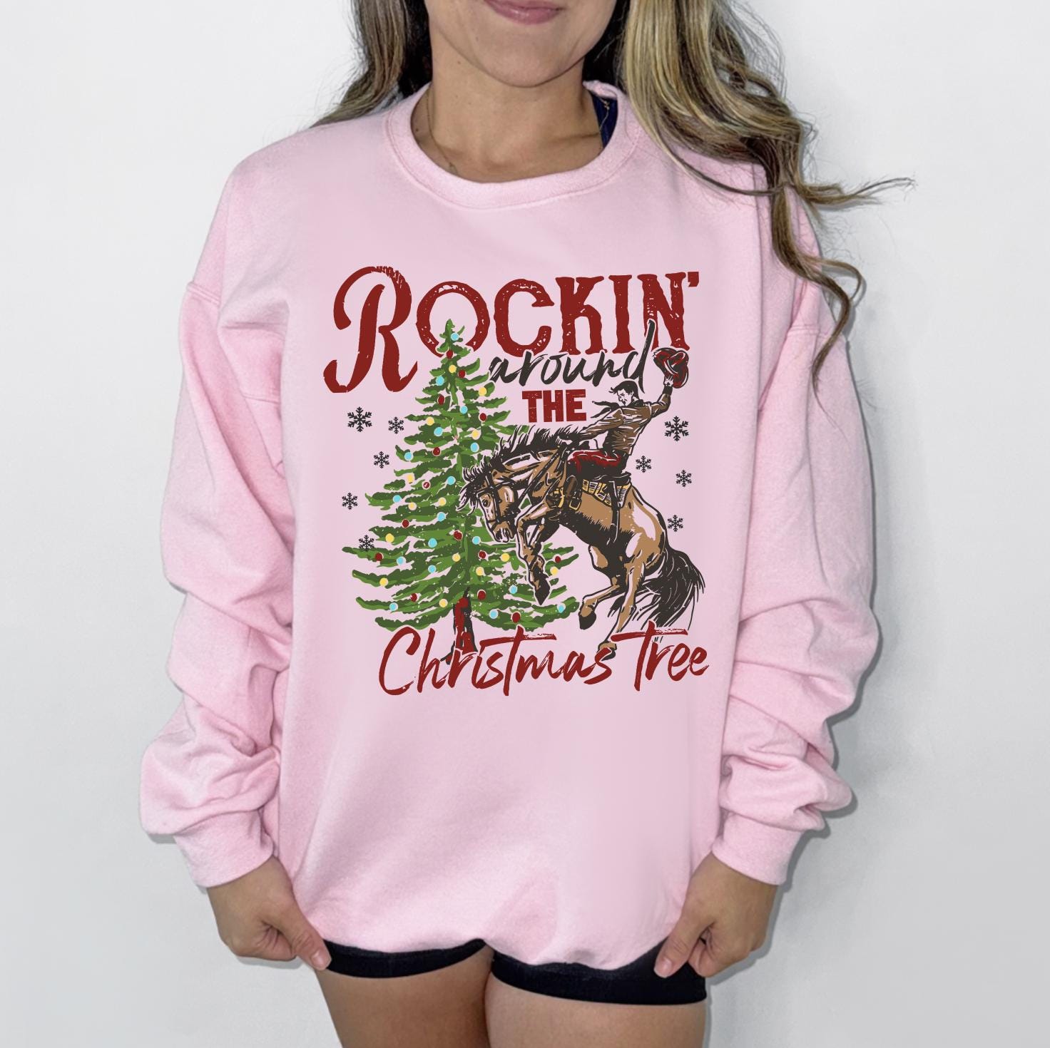 Rocking Around the Christmas Tree Sweatshirt, Retro Holiday Santa Sweatshirt, Merry Christmas Sweater, Christmas Santa Bow