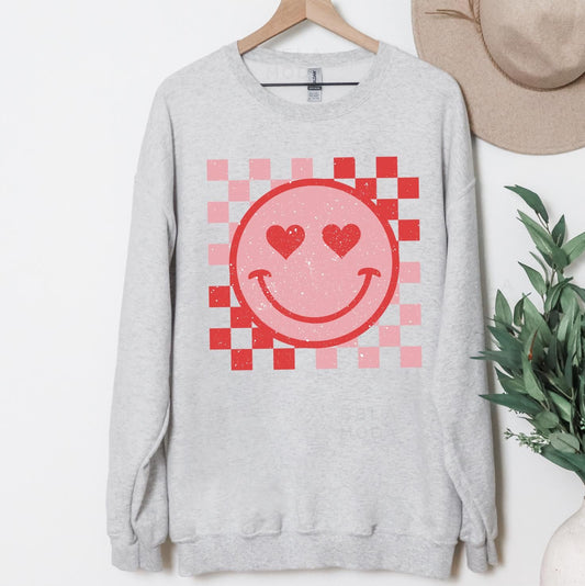 Valentines Checkered Smiley Hearts Sweatshirt, DTG Printed Womens Valentine's Day Sweatshirt, Couple Gift Sweatshirt, Anniversary Day Gift