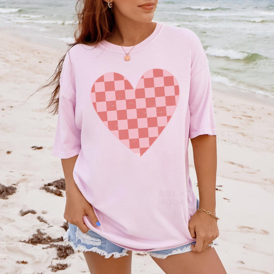Valentines Checkered Heart Sweatshirt, DTG Printed Womens Valentine's Day Sweatshirt, Couple Gift Sweatshirt, Anniversary Day Gift