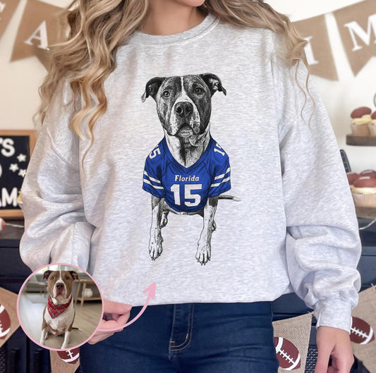 Custom Football Pet Christmas T-Shirt with Photo & Name DTG Printed | Personalized Pet Portrait Shirt | Custom Dog Cat Graphic Tee