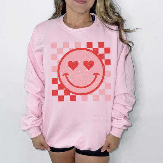 Valentines Checkered Smiley Hearts Sweatshirt, DTG Printed Womens Valentine's Day Sweatshirt, Couple Gift Sweatshirt, Anniversary Day Gift