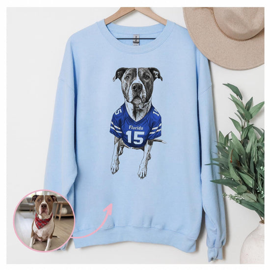 Custom Football Pet Christmas T-Shirt with Photo & Name DTG Printed | Personalized Pet Portrait Shirt | Custom Dog Cat Graphic Tee