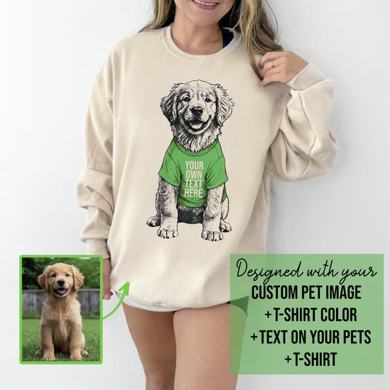 Custom Photo of Your Dog in a T-Shirt with Custom Text, Unisex T-Shirt or Sweatshirt, DTG Printed