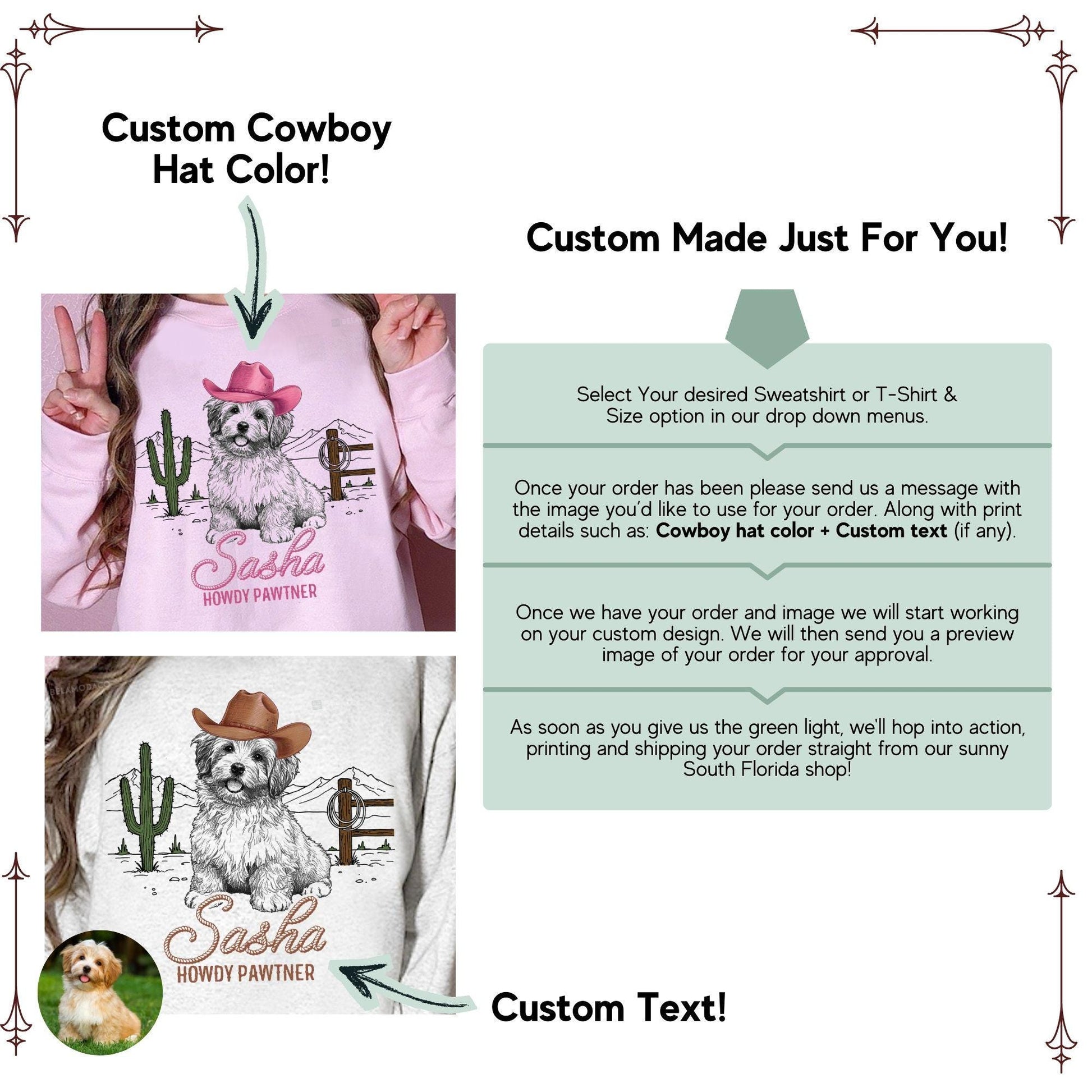 Custom Western Dog Shirt | Personalized Pet Portrait T-Shirt or Sweatshirt | Cowboy Dog Graphic Tee | Custom Name Gift | Unisex DTG Print