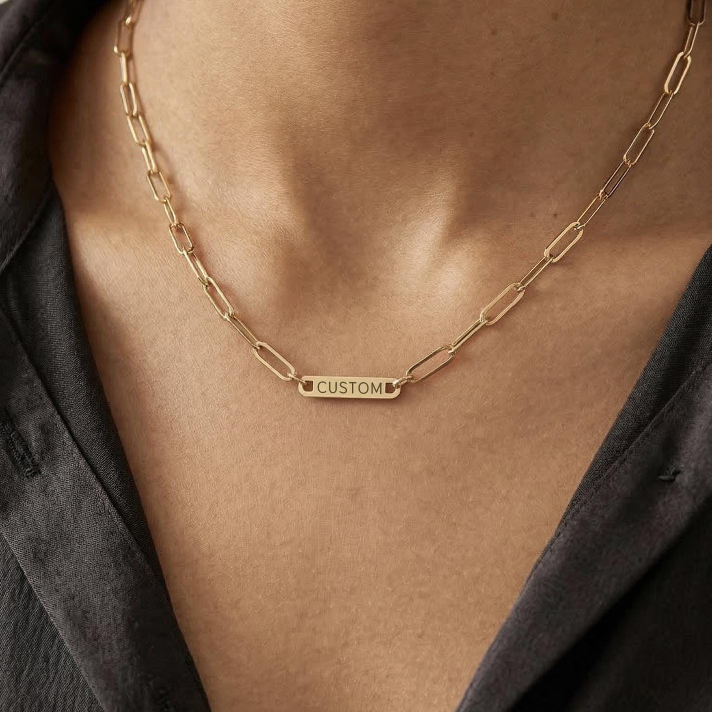 Personalized Single Bar PaperClip Necklace, 18K Gold Plated Custom Engraved Paperclip Necklace, Custom Text Necklace
