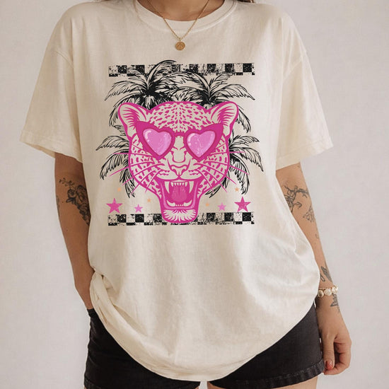 Pink Leopard Heart Sunglasses Shirt or Sweatshirt, Trendy Graphic Tee, Retro Summer Shirt, Aesthetic Animal Print Sweatshirt, DTG Printed