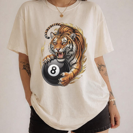 Fierce Tiger and 8-Ball Graphic Apparel – Custom DTG T-Shirt or Sweatshirt – Classic Edge & Power