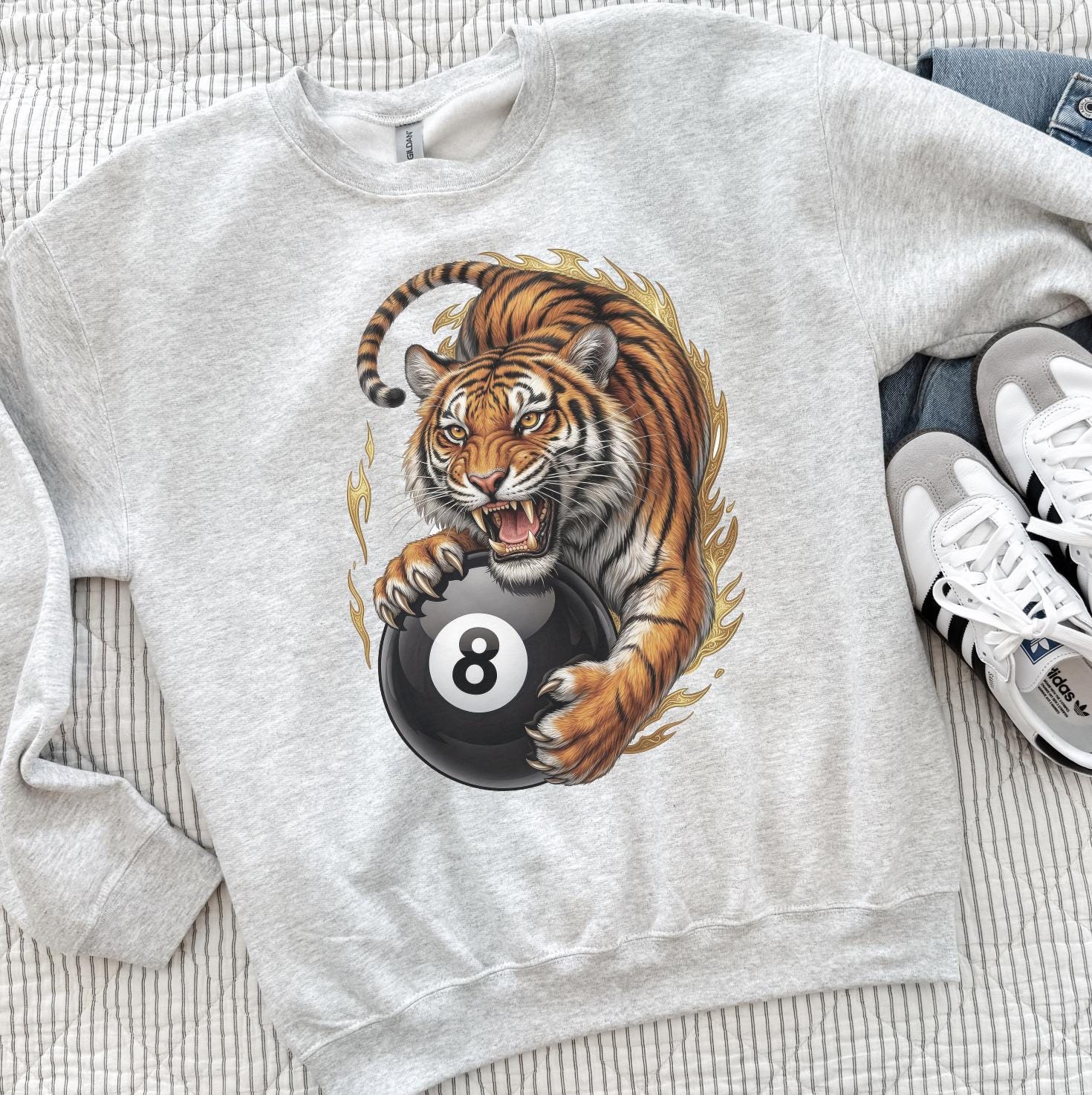 Fierce Tiger and 8-Ball Graphic Apparel – Custom DTG T-Shirt or Sweatshirt – Classic Edge & Power