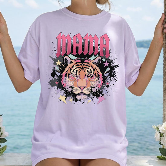 Pink Retro Mama Tiger Rocker Tee - Distressed Aerosmith Font "MAMA" T-Shirt
