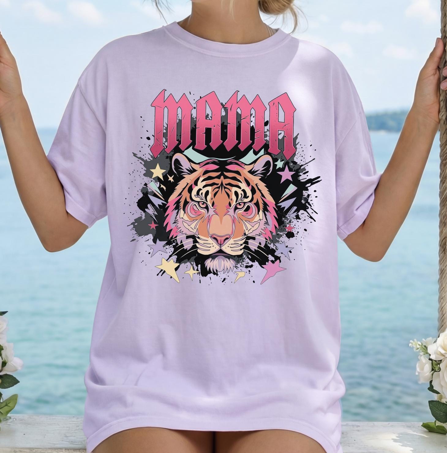 Pink Retro Mama Tiger Rocker Tee - Distressed Aerosmith Font "MAMA" T-Shirt
