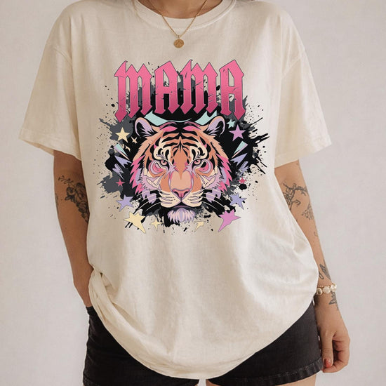 Pink Retro Mama Tiger Rocker Tee - Distressed Aerosmith Font "MAMA" T-Shirt