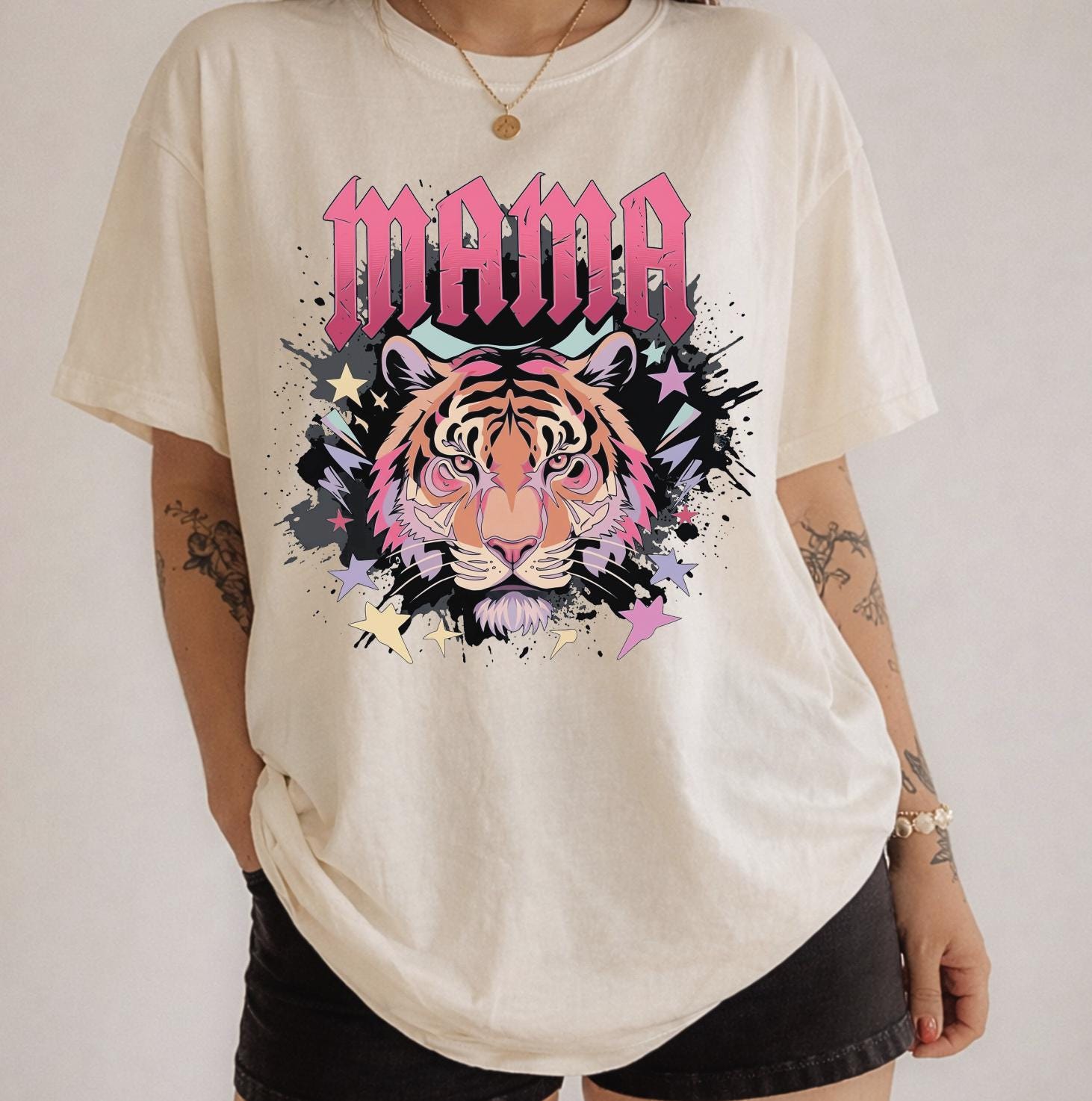Pink Retro Mama Tiger Rocker Tee - Distressed Aerosmith Font "MAMA" T-Shirt