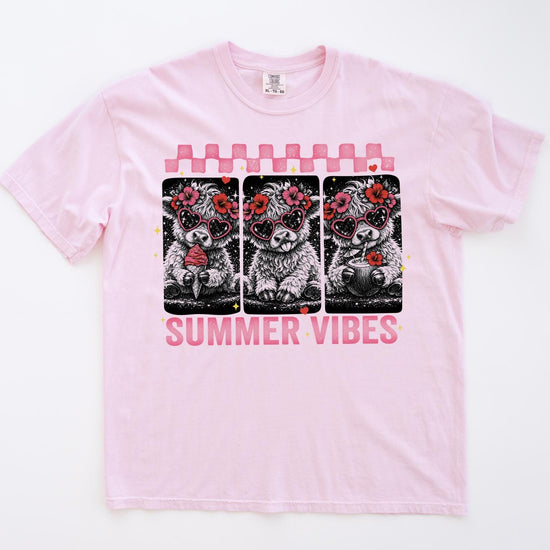 Highland Cow Summer Vibes T-Shirt or Sweatshirt | Cute Pink Retro Cow Graphic Tee | DTG Printed Floral Boho Shirt