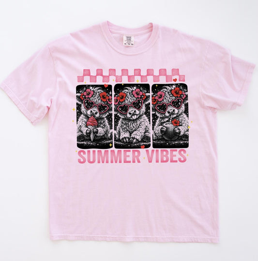 Highland Cow Summer Vibes T-Shirt or Sweatshirt | Cute Pink Retro Cow Graphic Tee | DTG Printed Floral Boho Shirt