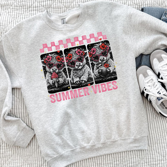 Highland Cow Summer Vibes T-Shirt or Sweatshirt | Cute Pink Retro Cow Graphic Tee | DTG Printed Floral Boho Shirt