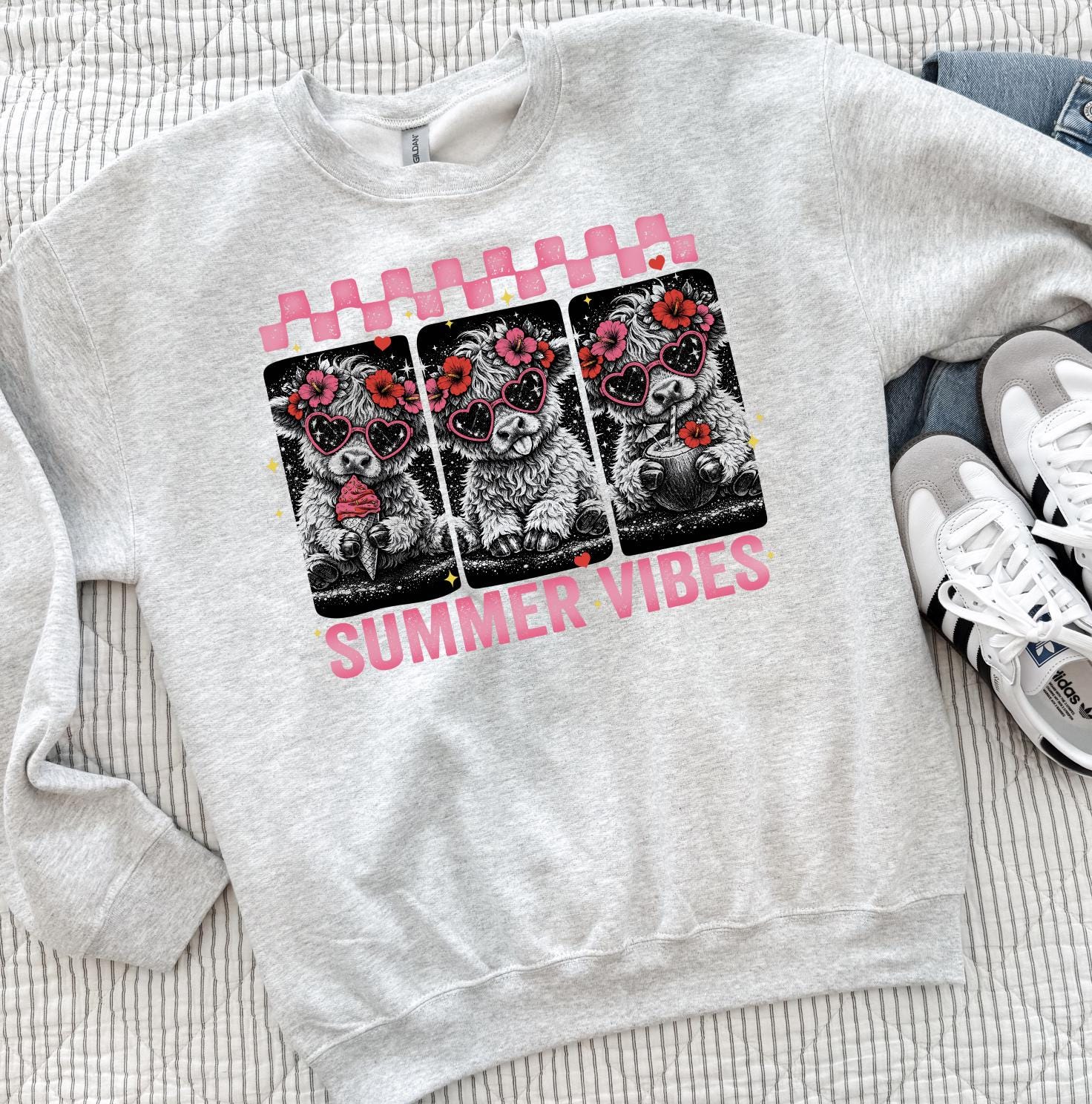 Highland Cow Summer Vibes T-Shirt or Sweatshirt | Cute Pink Retro Cow Graphic Tee | DTG Printed Floral Boho Shirt