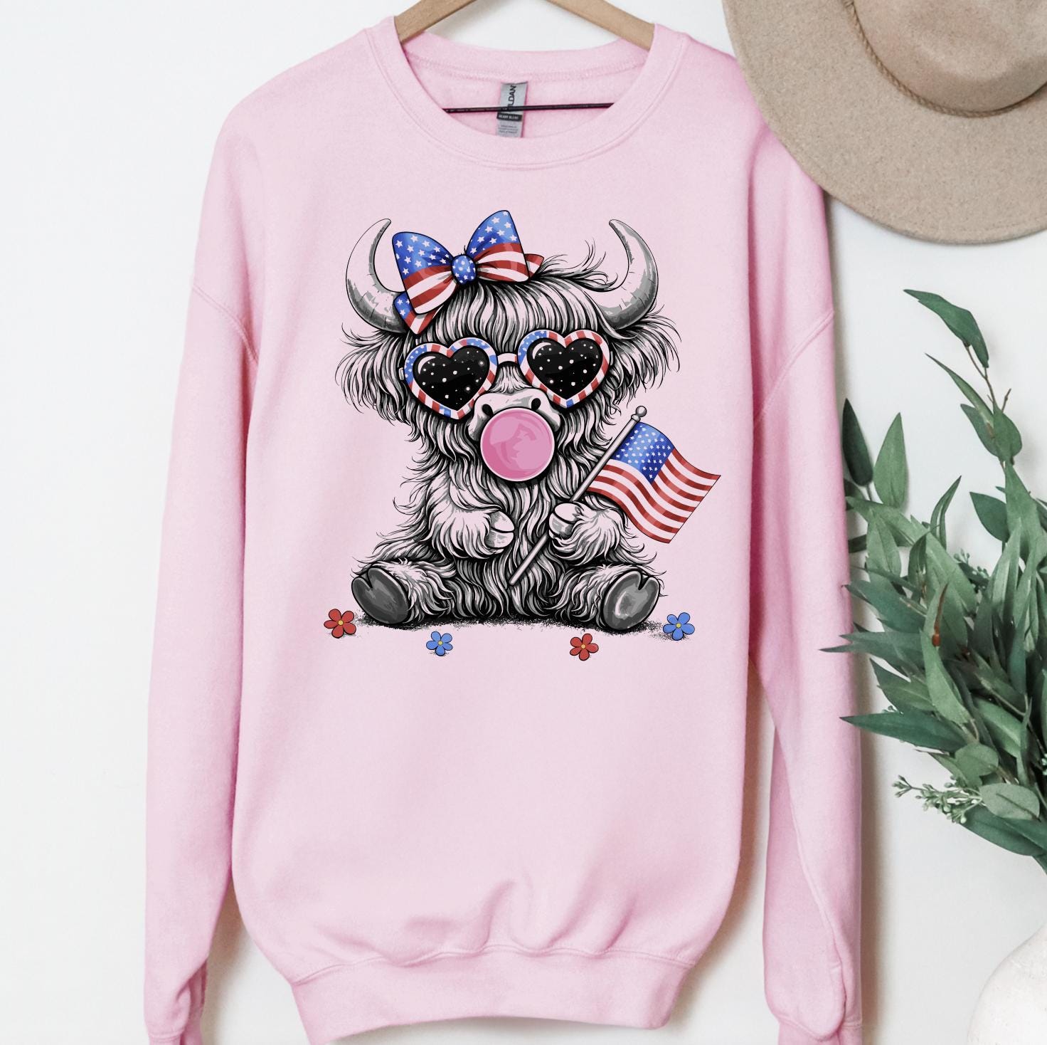 Patriotic Highland Cow T-Shirt or Sweatshirt | 4th of July Cow with American Flag & Bubbelgum | DTG Printed USA Graphic Tee