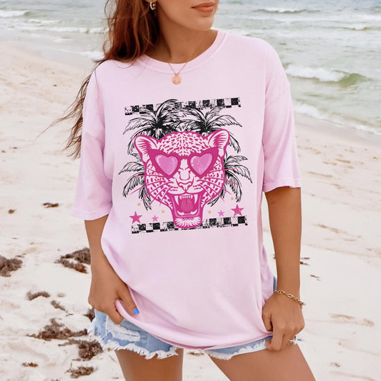 Pink Leopard Heart Sunglasses Shirt or Sweatshirt, Trendy Graphic Tee, Retro Summer Shirt, Aesthetic Animal Print Sweatshirt, DTG Printed