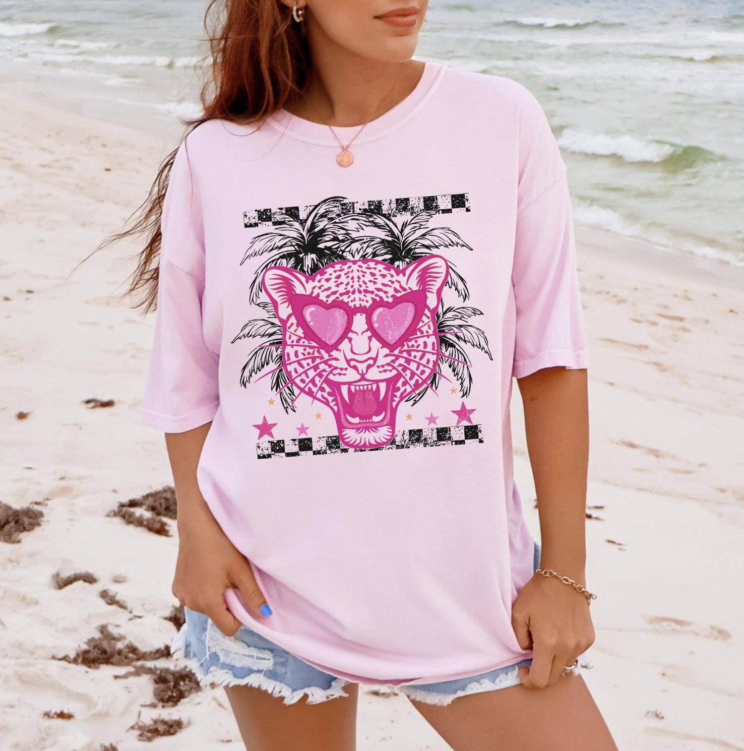 Pink Leopard Heart Sunglasses Shirt or Sweatshirt, Trendy Graphic Tee, Retro Summer Shirt, Aesthetic Animal Print Sweatshirt, DTG Printed