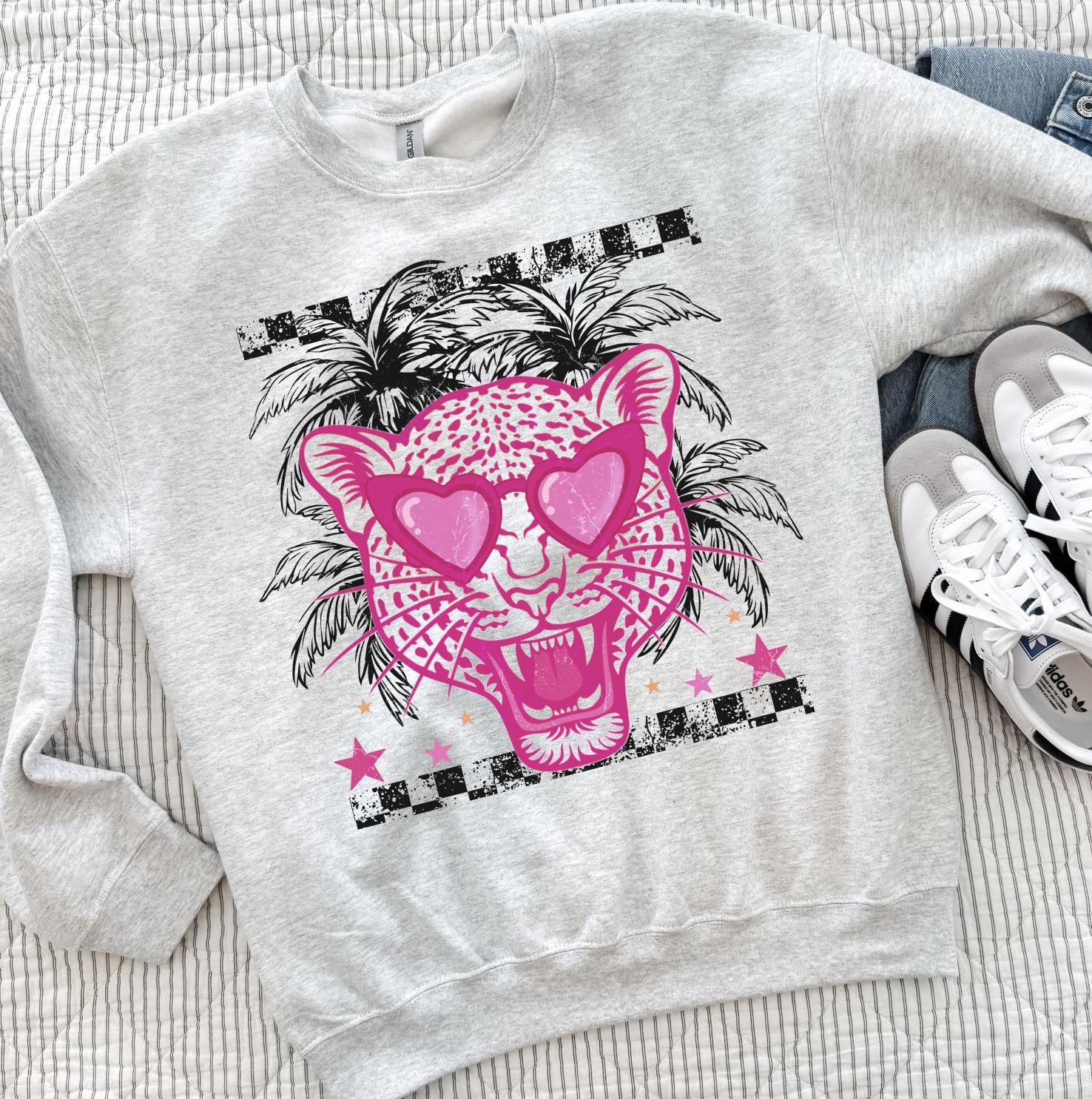Pink Leopard Heart Sunglasses Shirt or Sweatshirt, Trendy Graphic Tee, Retro Summer Shirt, Aesthetic Animal Print Sweatshirt, DTG Printed