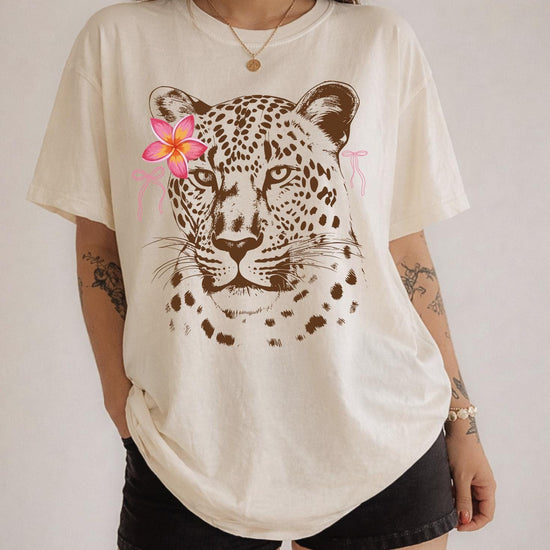 Leopard with Flower Shirt or Sweatshirt Tropical Leopard Graphic Tee, Aesthetic Animal Print Shirt, Boho Safari Sweatshirt, DTG Printed