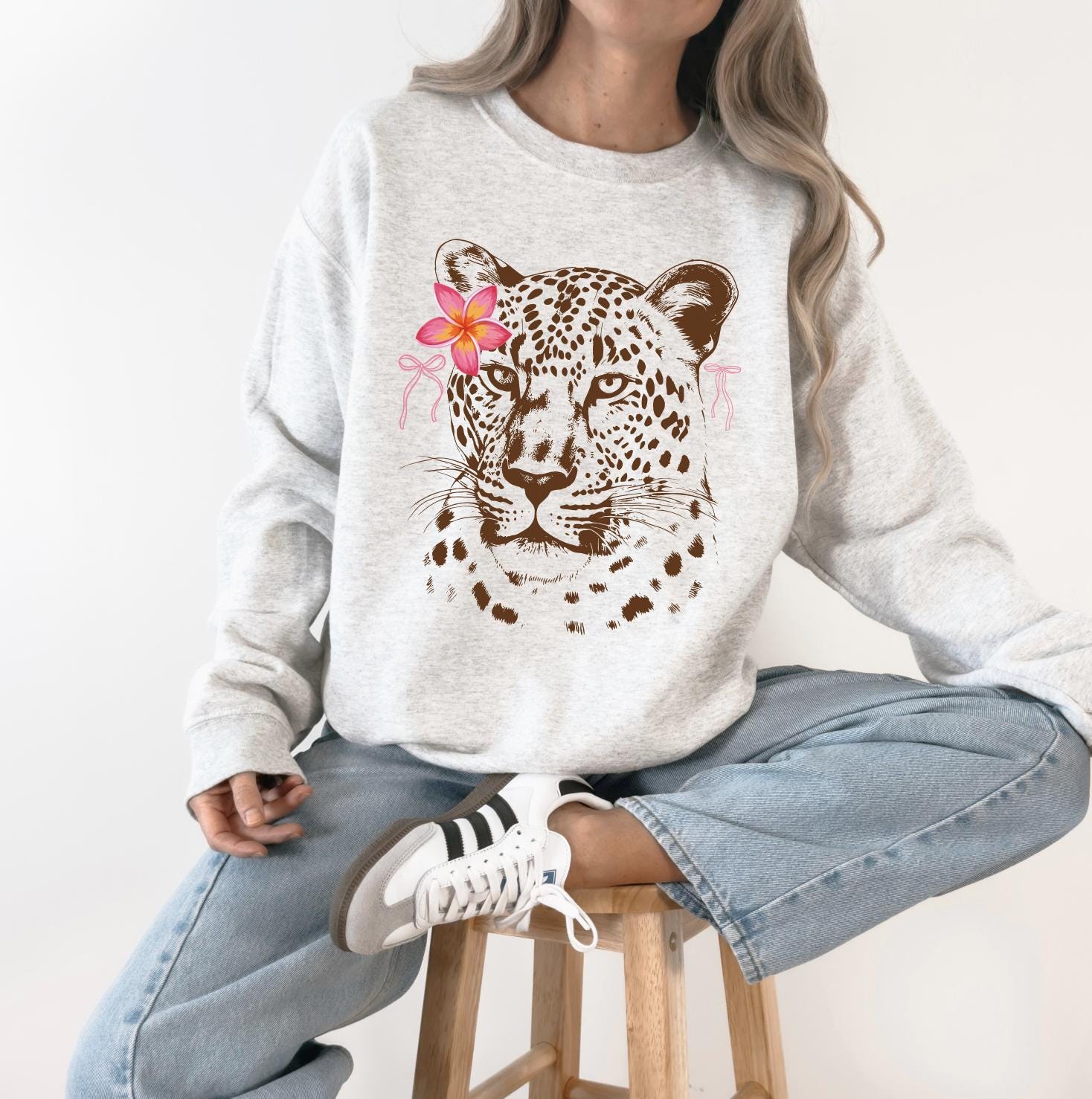 Leopard with Flower Shirt or Sweatshirt Tropical Leopard Graphic Tee, Aesthetic Animal Print Shirt, Boho Safari Sweatshirt, DTG Printed