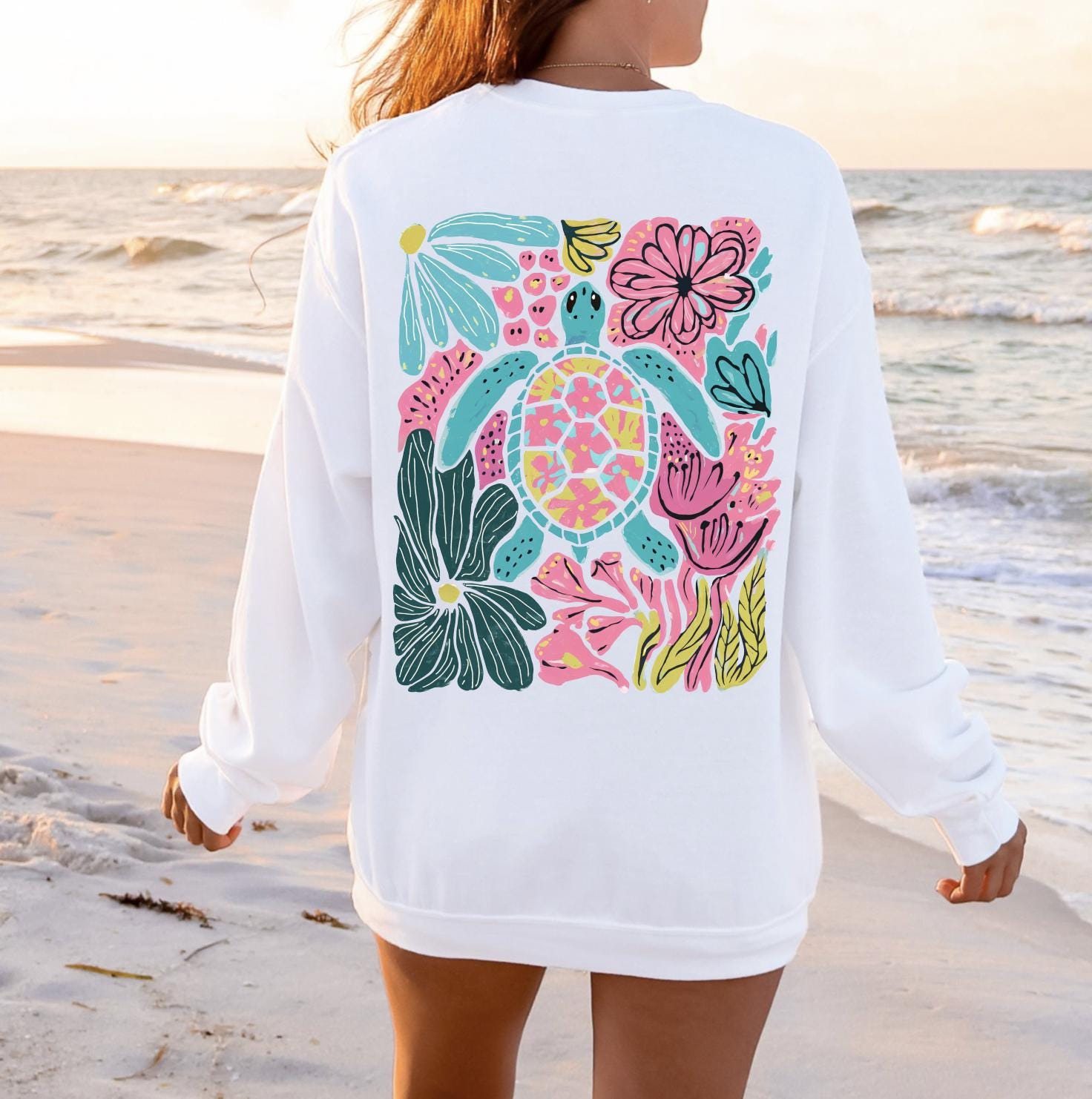 Floral Sea Turtle Coastal Sweatshirt or T-Shirt – Summer Graphic Apparel – DTG Print