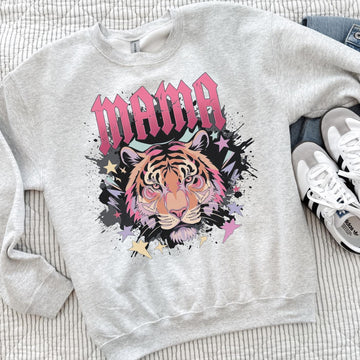 Pink Retro Mama Tiger Rocker Tee - Distressed Aerosmith Font "MAMA" T-Shirt