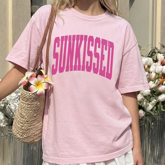 Sunkissed Varsity Pink Comfort Colors T-Shirt - Preppy Summer Graphic Tee - Aesthetic Beach Vibes Shirt