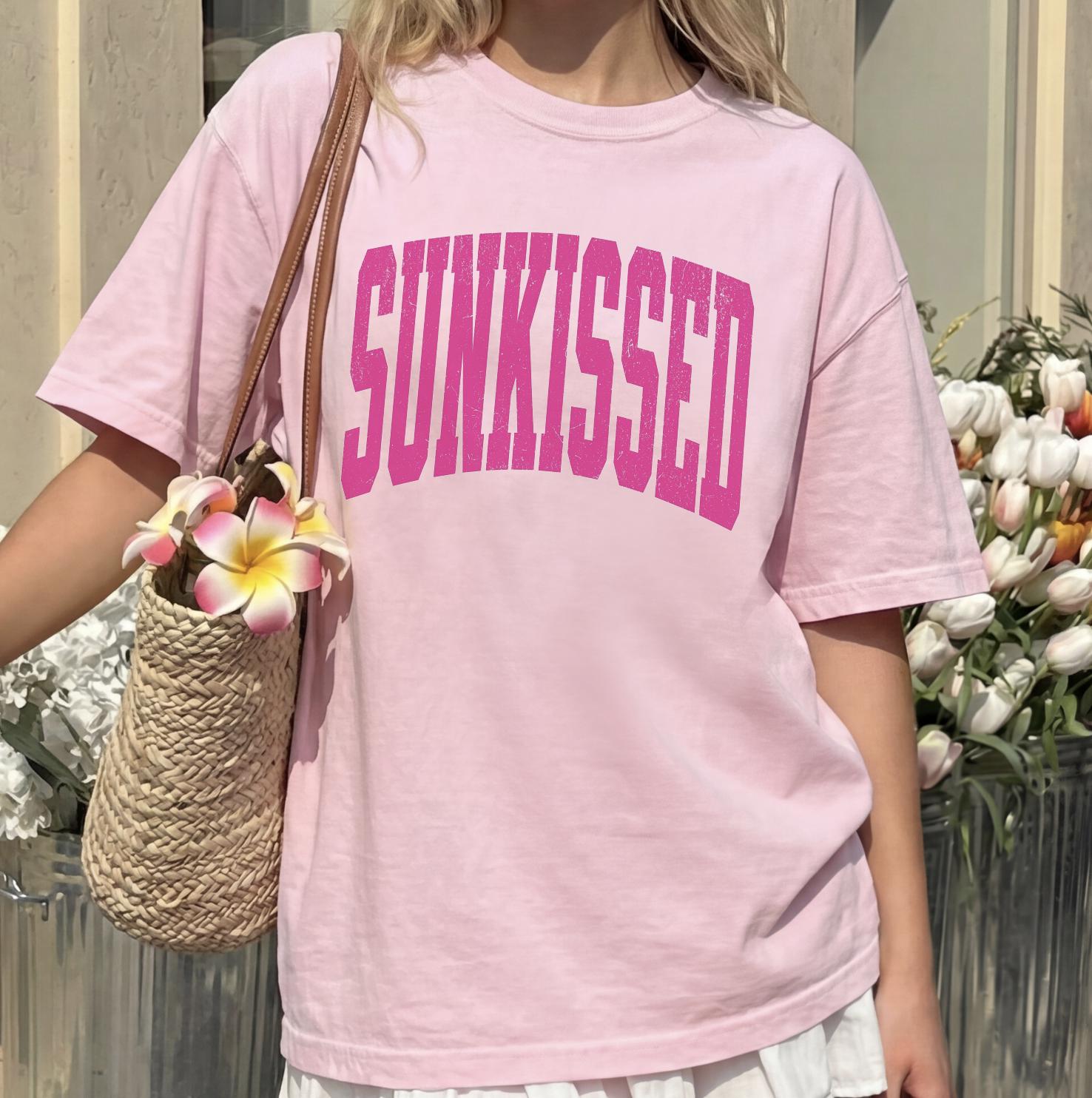 Sunkissed Varsity Pink Comfort Colors T-Shirt - Preppy Summer Graphic Tee - Aesthetic Beach Vibes Shirt